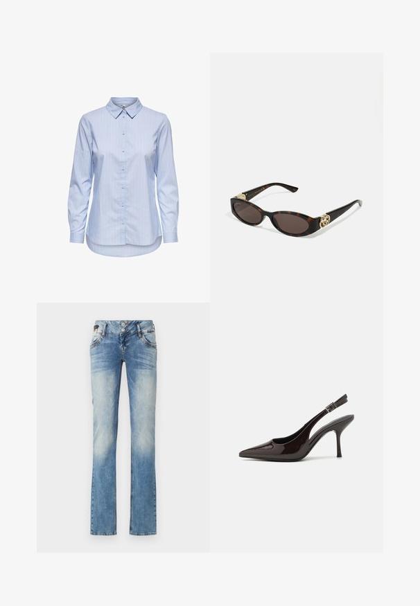 Camisa azul riscada com colarinho, mangas longas e bainha arredondada. O tecido parece liso e leve. Fecho de botão na parte da frente.; Jeans de ganga azul claro com um design de perna reta, apresentando um fecho de cinco botões, bolsos frontais e detalhes de desbotamento subtil.; Sapato de salto alto tipo slingback em verniz castanho escuro brilhante, com bico apontado, laterais abertas e tira ajustável ao tornozelo.; Óculos de sol de tartaruga com lentes ovais alongadas, tom castanho, acentos de logotipo dourado nas hastes e hastes pretas elegantes.