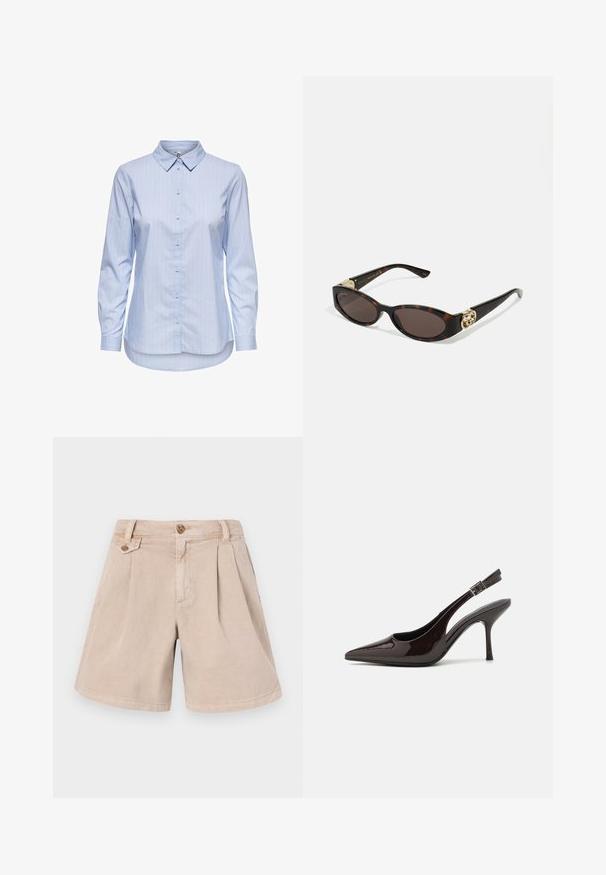 Cămașă bleumarin cu dungi, cu guler, mâneci lungi și margine curbată. Materialul pare neted și ușor. Închidere cu buton pe față.; Pantaloni scurți din bumbac bej, cu un design pliat, având două buzunare frontale, o croială dreaptă și o închidere cu un singur nasture la talie.; Pantof cu toc înalt Slingback din piele sintetică lucioasă de culoare maro închis, vârf ascuțit, laterale deschise și curea ajustabilă la glezne.; Ochelari de soare din țiglă cu lentile ovale alungite, nuanță maro, accente cu logo auriu pe brațele laterale și brațe negre elegante.
