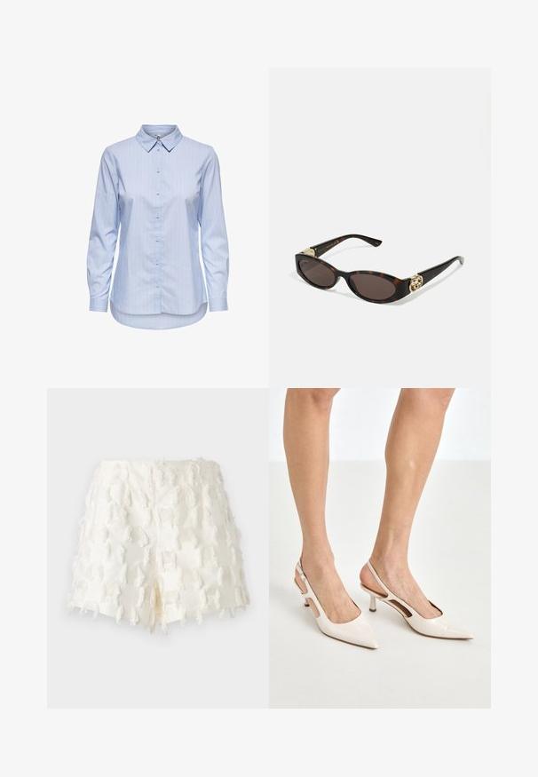Blå stribet skjorte med knapper, krave, lange ærmer og buet kant. Stoffet virker glat og let. Knaplukning foran.; Hvide shorts med en tekstureret stof, franskede detaljer og et indviklet rutenetmønster. Designet er højtaljet med en flosset finish.; Beige patenterede læder slingback hæle med spids tå og 5 cm hæl, med udskårne sider og en tynd ankelrem.; Skildpaddemønster solbriller med aflange ovale linser, brun farve, guldlogo accenter på stængerne og slanke sorte arme.; Beige mønsteret taske med en buet form, læderdetaljer og et guldtonet logo på fronten. Har et kort håndtag for nem bæring.