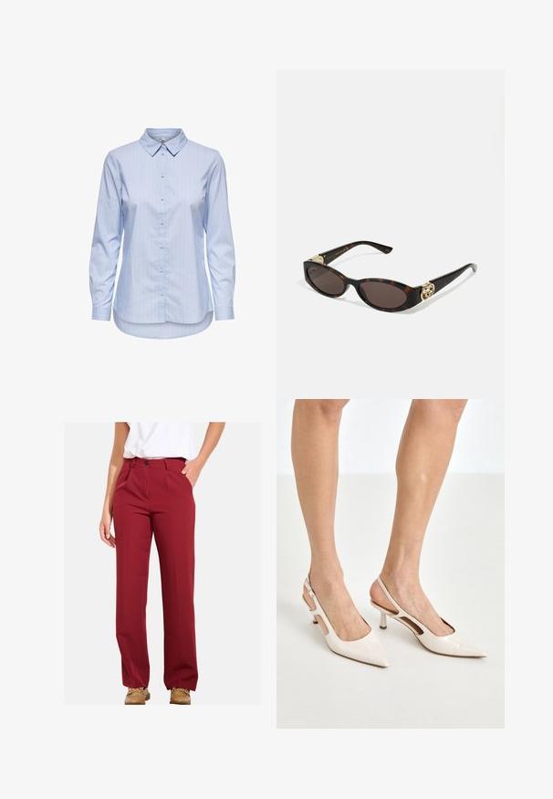 Blauw gestreepte overhemden met kraag, lange mouwen en een afgeronde zoom. De stof lijkt glad en lichtgewicht. Knopsluiting aan de voorkant.; Bordeaux broek met een recht model, voorzien van een knoopsluiting en zijzakken, gemaakt van een soepele stof met een minimale textuur.; Beige gepatineerde leren slingback hakken met een spitze neus en een hak van 5 cm, met uitsparingen aan de zijkanten en een dunne enkelband.; Schildpadbril met langwerpige ovale lenzen, bruine tint, gouden logo-accenten op de pootjes en slanke zwarte armen.; Beige handtas met een patroon en een gebogen vorm, leren accenten en een goudkleurig logo aan de voorkant. Beschikt over een kort handvat voor gemakkelijk dragen.