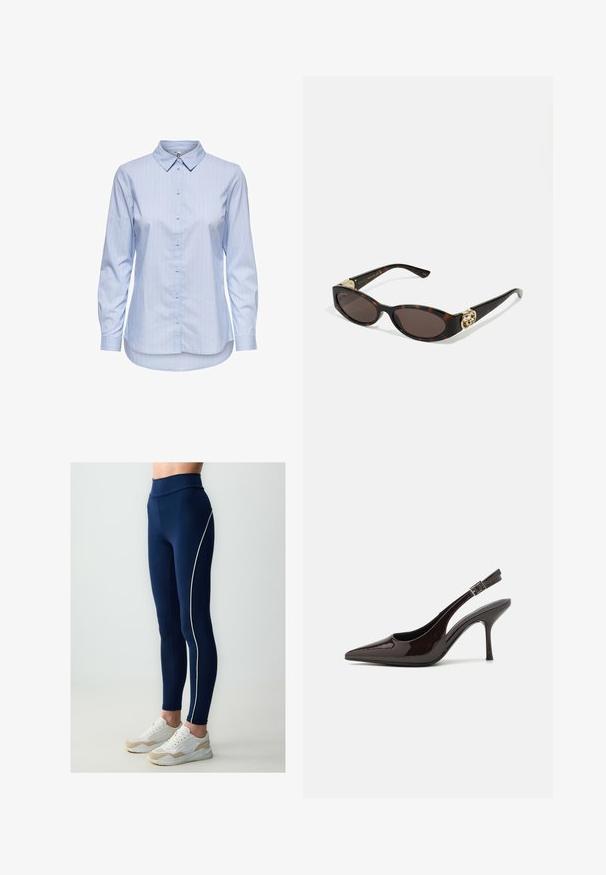 Camicia button-down a righe blu con colletto, maniche lunghe e orlo curvo. Il tessuto sembra liscio e leggero. Chiusura con bottoni sul davanti.; Leggings blu navy con vita alta, caratterizzati da una dettagliatura laterale bianca, realizzati in materiale elastico. Abbinati a sneakers bianche e beige.; Scarpa con tacco alto tipo slingback in pelle verniciata marrone scuro lucido, punta affusolata, lati aperti e cinturino alla caviglia regolabile.; Occhiali da sole tartarugati con lenti ovali allungate, tonalità marrone, accenti dorati con logo sulle tempie e aste nere eleganti.; Borsa a tracolla marrone con motivo, in tessuto testurizzato, con manico in pelle marrone e dettaglio del logo dorato su uno sfondo beige. Forma curva e strutturata.