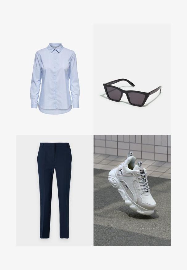 Kék csíkozott, galléros gombos ing hosszú ujjakkal és ívelt aljjal. Az anyag simának és könnyűnek tűnik. Gombos záródás elöl.; Sötétkék nadrág sima anyagból, lapos elülső résszel, övhurkokkal és enyhe oldalsó részletezéssel a derékpánt közelében. Testhez simuló szabás.; Fehér sneaker, hálós és bőr anyagokból, kerek orral, vastag talppal, feltűnő fűzőkkel és logóval a sarokon és a nyelven.; Fekete, szögletes napszemüveg szürke lencsékkel; műanyagból készült, vastag karokkal, sima felülettel és látható hardver nélkül.