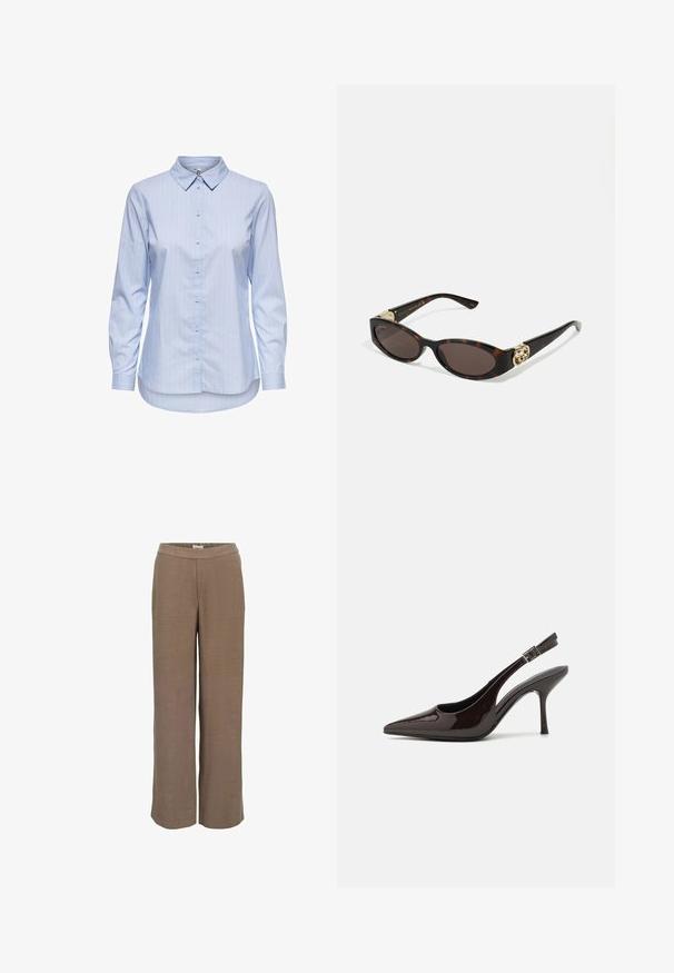 Blue striped button-up shirt with a collar, long sleeves, and a curved hem. Fabric appears smooth and lightweight. Button closure down the front.; Wide-leg trousers in a neutral brown hue, featuring a smooth texture and an elastic waistband for comfort and ease of wear.; Slingback high-heeled shoe in glossy dark brown patent leather, pointed toe, open sides, and adjustable ankle strap.; Tortoiseshell sunglasses with elongated oval lenses, brown tint, gold logo accents on temples, and sleek black arms.
