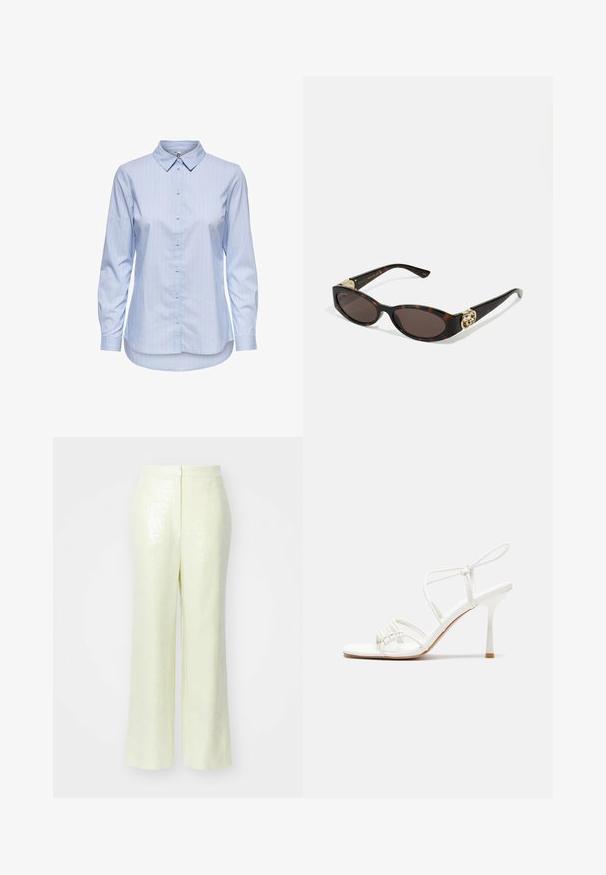 Niebieska koszula z długim rękawem, w paski, z kołnierzykiem i zaokrąglonym dołem. Materiał wydaje się gładki i lekki. Zapięcie na guziki z przodu.; Jasnożółte, cekinowe spodnie o szerokim kroju, charakteryzujące się gładką teksturą i dyskretnym zapięciem na zamek z tyłu.; Białe sandały na wysokim obcasie z paskami, z płaską bazą na palcach, teksturowanym przodem z marszczonymi akcentami oraz cienkim paskiem na kostce.; Słoneczne okulary w kolorze żółwi z wydłużonymi owalnymi soczewkami, brązowym odcieniem, złotymi akcentami logo na zausznikach oraz smukłymi czarnymi ramionami.; Biała torebka kwiatowa z marszczoną powierzchnią z tkaniny, złotą łańcuszkową rączką i metalowym zapięciem. Posiada teksturowane płatki jako dodatkowy detal.