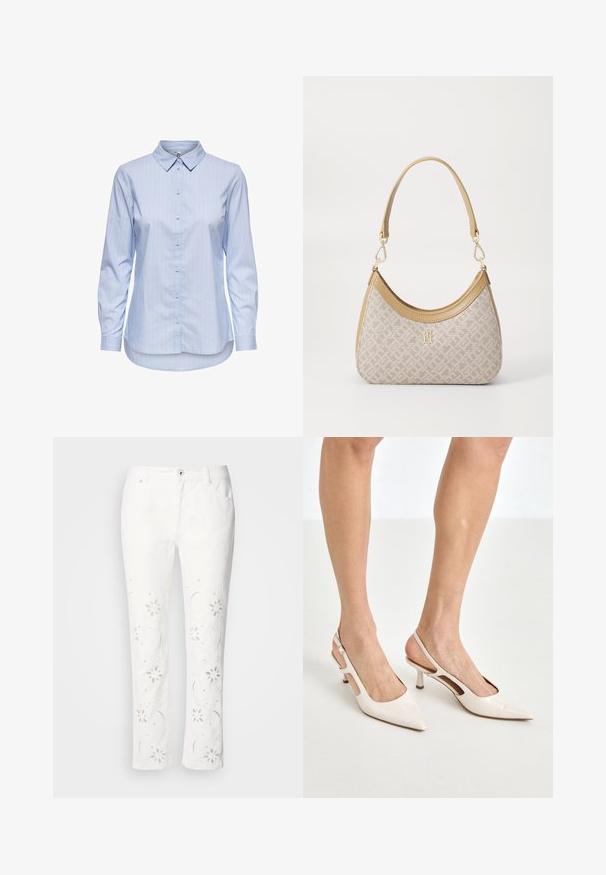 Camicia button-down a righe blu con colletto, maniche lunghe e orlo curvo. Il tessuto sembra liscio e leggero. Chiusura con bottoni sul davanti.; Pantaloni bianchi in cotone con ricami floreali lungo le gambe, dal taglio dritto e con chiusura a bottone in vita.; Tacchi slingback in pelle lucida beige con punta affusolata e tacco di 5 cm, caratterizzati da lati traforati e una sottile fascia alla caviglia.; Borsa a tracolla beige con un motivo stampato, forma curvata, dettagli in pelle e un logo dorato sul davanti. Presenta una maniglia corta per un facile trasporto.
