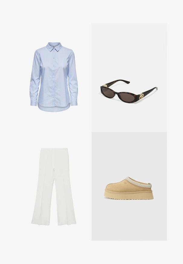 Blau gestreifte Knopfhemd mit Kragen, langen Ärmeln und abgerundetem Saum. Der Stoff wirkt glatt und leicht. Knopfleiste auf der Vorderseite.; Weiße, ausgestellte Hosen mit glatter Textur und klaren Linien, mittelhoher Taillenbund und ohne sichtbare Beschläge oder Muster.; Beige Wildleder Slipper mit gepolstertem Kragen und strukturiertem hellblauen Akzent. Verfügt über eine dicke, strapazierfähige Außensohle mit gemusterter Profilierung.; Schildpatt-Sonnenbrille mit länglich-ovalen Gläsern, braunem Farbton, goldenen Logo-Akzenten an den Bügeln und schlanken schwarzen Bügeln.