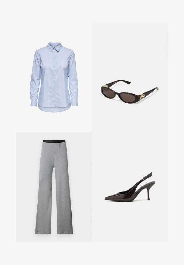 Srajca z modrimi črtami, gumbna zaposlitev s ovratnikom, dolgimi rokavi in ukrivljenim robom. Tkanina je videti gladka in lahka. Zapiranje z gumbi na sprednji strani.; Črno-bela prugasta široka hlača z gladkim elastičnim pasom. Lahka tkanina z vodoravno vzorcem čez celotno površino.; Slingback visoke pete v sijajni temno rjavi lak koži, koničastim nosom, odprtimi stranmi in nastavljivim gležnjenčkim trakom.; Kornjačaste sunčane naočale s izduženim ovalnim lećama, smeškim tonovima, zlatnim logotipom na drškama i elegantnim crnim rukohvatima.; Rjava ročno izdelana torbica z vzorcem, z teksturirano tkanino, rjavim usnjenim trakom in zlatim logotipom na bež ozadju. Kura oblika, strukturirana.