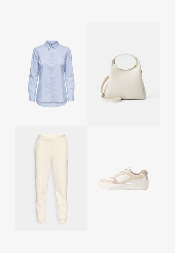 Plava prugasta košulja na dugih rukava s ovratnikom i zakrivljenim rubom. Tkanina izgleda glatko i lagano. Zatvaranje dugmadi sprijeda.; Kremaste hlače s nogavicama izrađene od mekanog materijala, s elastičnim pojasom, dizajnom suženih nogu i malim logotipom na strani.; Bež i bijeli tenisice s glatkim kožnim gornjim dijelom, perforiranim nožnim dijelom, čipkastim dizajnom, teksturiranim detaljima i debelim gumenim potplatom.; Torba boje krem na strukturan način, s okruglom drškom i uklonjivim remenom za rame. Izrađena od glatkog materijala s blagom teksturom.
