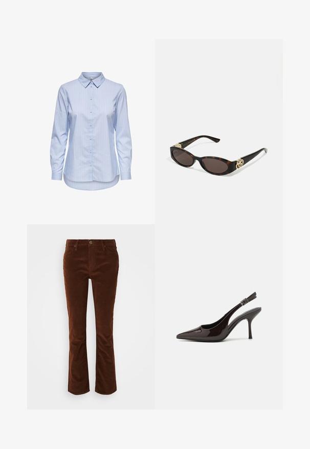 Niebieska koszula z długim rękawem, w paski, z kołnierzykiem i zaokrąglonym dołem. Materiał wydaje się gładki i lekki. Zapięcie na guziki z przodu.; Brązowe spódnie z szerokimi nogawkami wykonane z korduroyu o gładkiej fakturze, z zamkiem błyskawicznym i zapięciem na guzik oraz standardowym pięciokomorowym krojem.; Sandały na obcasie typu slingback z błyszczącej ciemno-brązowej lakierowanej skóry, w szpic, z otwartymi bokami i regulowanym paskiem wokół kostki.; Słoneczne okulary w kolorze żółwi z wydłużonymi owalnymi soczewkami, brązowym odcieniem, złotymi akcentami logo na zausznikach oraz smukłymi czarnymi ramionami.