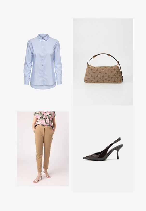 Blauw gestreepte overhemden met kraag, lange mouwen en een afgeronde zoom. De stof lijkt glad en lichtgewicht. Knopsluiting aan de voorkant.; Khaki broek met een slim fit, voorzien van een knoopsluiting en zijzakken, gecombineerd met een bloemenblouse en witte hakken.; Slingback hoge hak schoen in glanzend donkerbruin patentleer, puntige neus, open zijkanten en verstelbare enkelband.; Bruine handtas met een patroon, van een gestructureerde stof, bruine leren schouderriem en een gouden logo detail op een beige achtergrond. Gebogen, gestructureerde vorm.