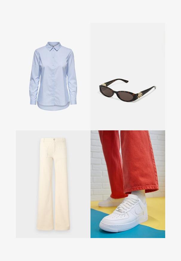Cămașă bleumarin cu dungi, cu guler, mâneci lungi și margine curbată. Materialul pare neted și ușor. Închidere cu buton pe față.; Jeans cu croi evazat de culoare crem, cu o textură netedă, având două buzunare pe spate și o închidere cu buton în față. Design drept cu talie înaltă.; Tenis alb din piele cu fanta pe vârful piciorului, talpă texturată și șireturi albe, purtat cu pantaloni larga roșii și un fundal albastru și galben.; Ochelari de soare din țiglă cu lentile ovale alungite, nuanță maro, accente cu logo auriu pe brațele laterale și brațe negre elegante.
