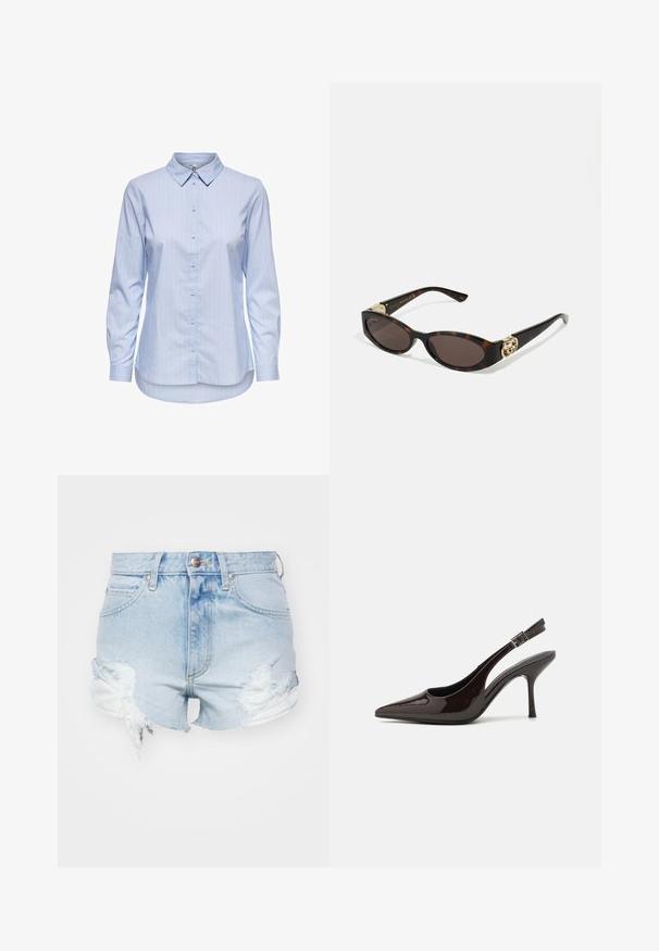 Sinine triibuline nööpidega särk, millel on krae, pikad varrukad ja kumer alläär. Kangas näib olevat sile ja kerge. Ees nööpidega sulgemine.; Lee RIDER - Lühikesed teksad - bubbled over; Kare kõrge kontsaga king, läikiv tumepruun lakknahast, terava nina, avatud külgedega ja reguleeritava pahkluuringiga.; Kilpkonnakilbi stiilis prillid piklik-ovaalsete läätsede, pruunika tooniga, kuldsete logo aktsentidega templitel ja elegantsed mustad varred.