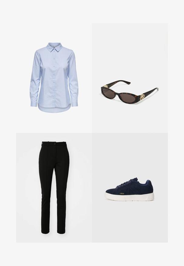 Kék csíkozott, galléros gombos ing hosszú ujjakkal és ívelt aljjal. Az anyag simának és könnyűnek tűnik. Gombos záródás elöl.; Fekete poliészter nadrág, slim fit szabással, lapos elülső résszel és egyetlen gombos zárással, elülső hajtásokkal és látható zsebek nélkül.; Tengerészkék velúr sneaker fehér gumitalppal. Kerek fűzőkkel, alacsony profilú kialakítással és egy kis arany logóval az oldalon.; Tortából készült napszemüveg, hosszúkás ovális lencsékkel, barna színű árnyalattal, arany logóval a fülkagylón, és karcsú fekete szárakkal.