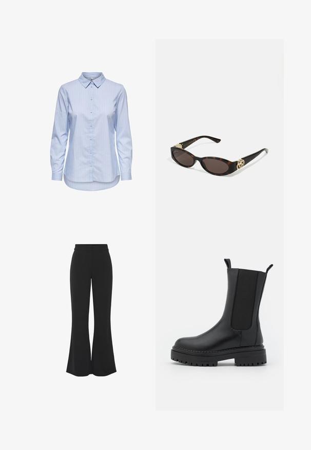 Blue striped button-up shirt with a collar, long sleeves, and a curved hem. Fabric appears smooth and lightweight. Button closure down the front.; Black flared trousers made of smooth fabric with a fitted waist, side pockets, and a clean front crease for a tailored appearance.; RAID CHERISH - Platform boots - black; Tortoiseshell sunglasses with elongated oval lenses, brown tint, gold logo accents on temples, and sleek black arms.; Set of three elastic headbands in black and white, with a smooth texture and a simple, flat design. Each band is uniform in width.