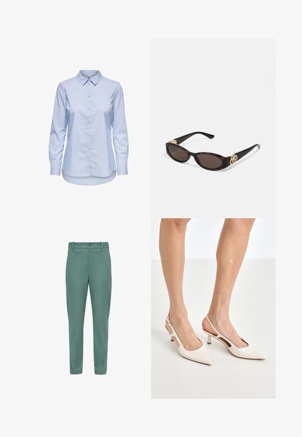 Blauw gestreepte overhemden met kraag, lange mouwen en een afgeronde zoom. De stof lijkt glad en lichtgewicht. Knopsluiting aan de voorkant.; s.Oliver MIT TAPERED LEG - Chino - helles petrol; Beige gepatineerde leren slingback hakken met een spitze neus en een hak van 5 cm, met uitsparingen aan de zijkanten en een dunne enkelband.; Schildpadbril met langwerpige ovale lenzen, bruine tint, gouden logo-accenten op de pootjes en slanke zwarte armen.