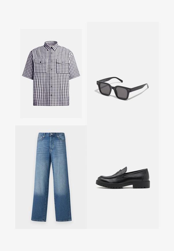 Koszula w kratę z krótkim rękawem w kolorze granatowym i białym, z dwoma kieszeniami na piersi, zapięciem na guziki oraz klasycznym kołnierzykiem. Materiał bawełniany.; Niebieskie spodnie dżinsowe z wysokim stanem i prostymi nogawkami, z blaknięciem na udach i ciemniejszym odcieniem przy mankietach, z widocznymi guzikami z przodu i kieszeniami.; Czarne skórzane mokasyny z okrągłym nosałem, wsuwanym fasonem i grubą gumową podeszwą z teksturowanym uchwytem. Podwyższona pięta i subtelne detale przeszycia.; Czarne prostokątne okulary przeciwsłoneczne z ciemnymi soczewkami, charakteryzujące się grubą oprawką, subtelnymi akcentami po bokach i brakiem widocznych logo poza nazwą marki.