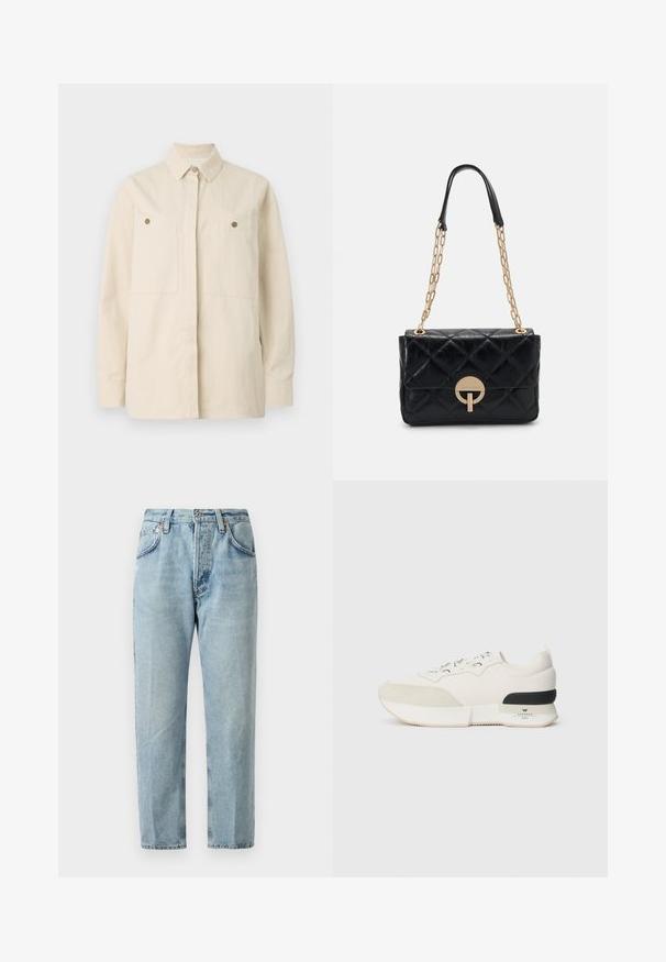 Bež košulja s dugim rukavima, izrađena od pamuka, s oštrim ovratnikom, dva prednja džepa i smeškim dugmadima. Dug i s dugmadi.; Svijetloplave traperice ravnog kroja, s pet džepova i suptilnim izbljedjivanjem. Imaju zatvaranje na gumb i petlje za remen.; Bijela tenisica s teksturiranim nubuk prednjim dijelom, glatkim mrežastim gornjim dijelom, dekorativnim vezicama i crnim gumiranim akcentom na peti.; Crna prešivena kožna torba s zlatnim lančićem, koja ima kružnu kopču. Kompaktni pravokutni oblik s glatkom teksturom.