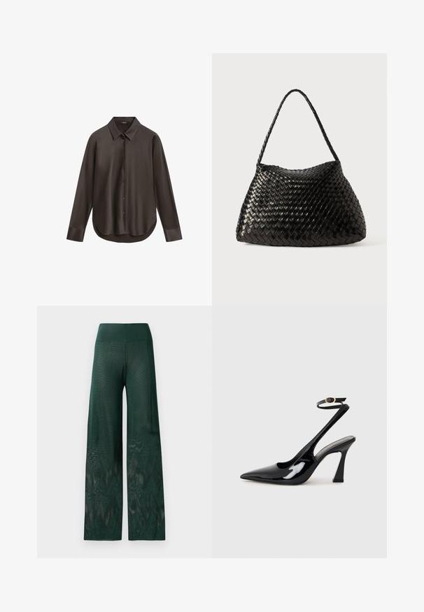 Mørkebrunt skjorte med knapper lavet af glat stof med spids krave, lange ærmer og rundet søm. Har en subtil glans.; Grønne vide bukser i let mesh med et zigzag-mønster forneden. Har en glat linning for komfort.; Sorte patentlæder slingback højhælede sko med spids tå, justerbar ankelrem og moderat blokhæl. Glat tekstur med blank finish.; Sort vævet læderhåndtaske med en buet, blød form og en enkelt flettet rem, prydet med en glat overflade og et indviklet mønster.