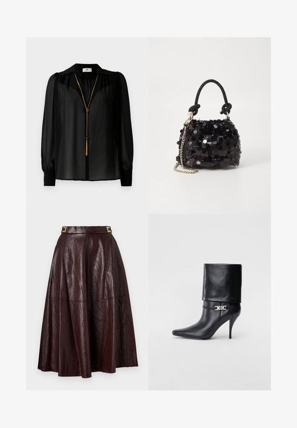 Juoda permatoma ilgomis rankovėmis bliuzė su plačia apykakle ir auksiniu grandininiu kaklo papuošalu su kutu, kabančiu priekyje.; Ruda odinė midi sijonas su aukštu juosmeniu, auksiniu sagties akcentu ir laisvai krintančia siluetu, turinčiu siūlių linijas struktūrai.; Juodos odinės kulkšninių botų su smailiu nosiu, aukštu stiletto kulnu, apvyniojamu kraštu ir auksine dekoratyvine sagtimi prie kulkšnies.; Juodas blizgučių mini rankinukas su mazguotu tekstūruotu dirželiu ir sidabro grandine. Suapvalinta forma su susiraukšlėtopu ir atspindinčiomis detalėmis.