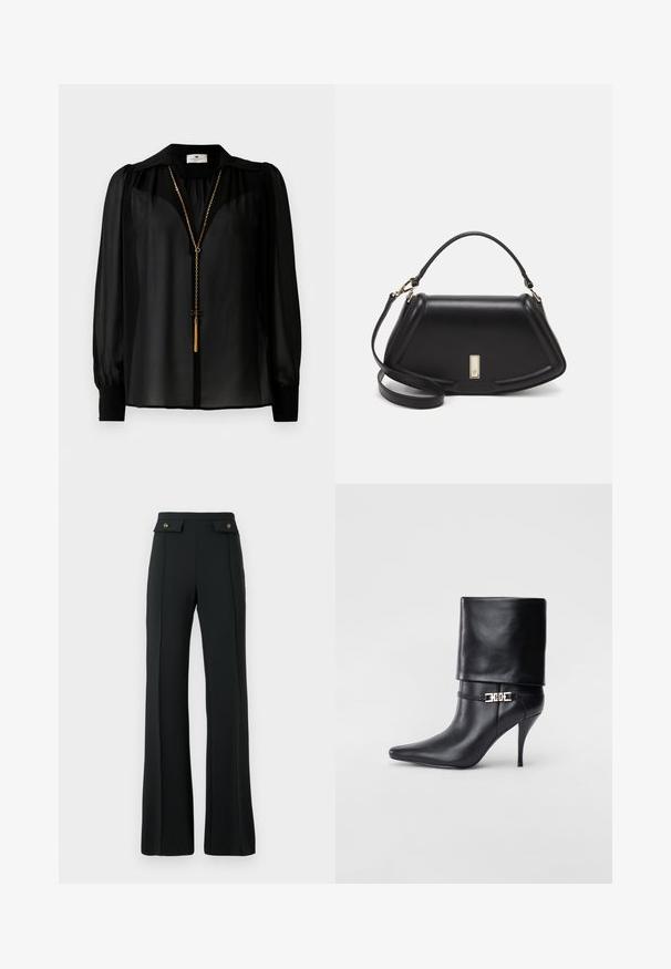 Blusa nera trasparente a maniche lunghe con ampio colletto e collana d'oro con pendente a frange che pende davanti.; Pantaloni a vita alta neri a palazzo con dettagli di cucitura frontale e due tasche con patta a bottone dorato in vita.; Stivale ankle in pelle nera con punta affusolata, alto tacco a stiletto, risvolto sulla caviglia e un elegante dettaglio in oro con fibbia decorativa.; Borsa a mano in pelle nera con un design strutturato, caratterizzata da una forma corta, manico superiore e accessori in metallo dorato. Inclusa tracolla regolabile.