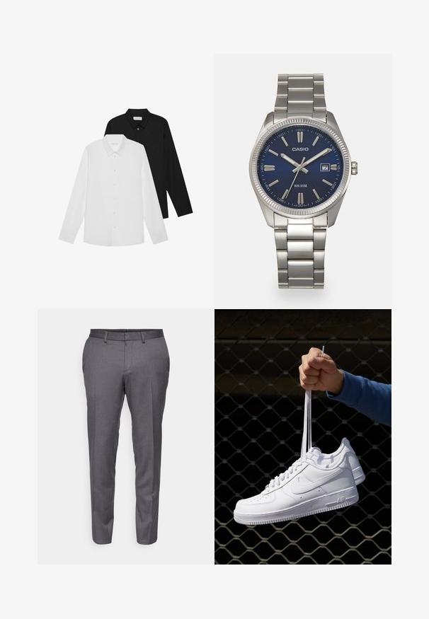 Fehér és fekete hosszú ujjú ingek hegyes gallérral, elöl gombokkal és sima anyagtextúrával. Címkék láthatók a nyak belső oldalán.; Szürke, szabott nadrág, amely texturált anyagból készült, egyenes szabású dizájnnal és finom hajtással az elején.; Fehér bőr sportcipők perforációval, kerek orral, lapos talppal és vastag fűzőkkel, látható swoosh logóval és "AIR" felirattal a sarokrészen.; Ezüst színű rozsdamentes acél karóránk sötétkék számlapja van, fém óraszámlálókkal és egy dátumablakkal a 3 órás pozícióban. 50 méterig vízálló.