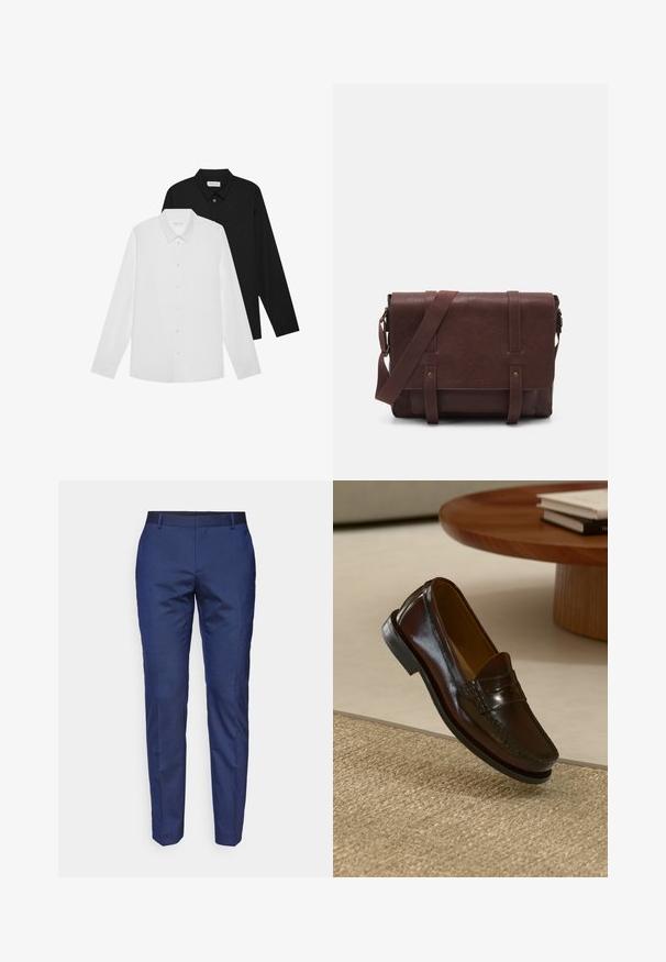 Weiße und schwarze Langarmshirts mit spitzen Kragen, Knöpfen vorne und einer glatten Stoffstruktur. Etiketten sichtbar am inneren Kragen.; Marineblaue, maßgeschneiderte Hose mit glatter Textur, schlankem, geradem Schnitt und schwarzem Bund. Keine sichtbaren Muster oder Hardware-Details.; Braune Leder-Lederschuhe mit glänzender Oberfläche, die eine gestickte Detail entlang der Vorderseite und eine niedrigprofilierte schwarze Gummisohle aufweisen.; Braune Leder-Umhängetasche mit einer flachen Vorderklappe, zwei Riemen, goldenen Hardware-Akzenten und einem verstellbaren Schultergurt.
