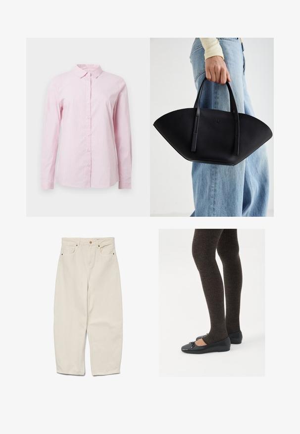 Cămașă roz cu dungi, cu guler, mâneci lungi și închidere cu nasturi în față. Fabricată dintr-un material ușor, cu o textură netedă.; Pantaloni largi din bumbac bej, cu talie înaltă, având două buzunare frontale și închidere cu un singur nasture. Textură netedă; lungime până la gleznă.; Pantofi negri cu un detaliu mic de fundiță la vârf, asortați cu colanți maro închis, cu textură ondulată. Pantofii au o textură netedă și un profil joase.; Geantă de piele neagră cu o formă unică de evantai, având mânere plate. Suprafața are o textură cu mici granule și un design minimalist.