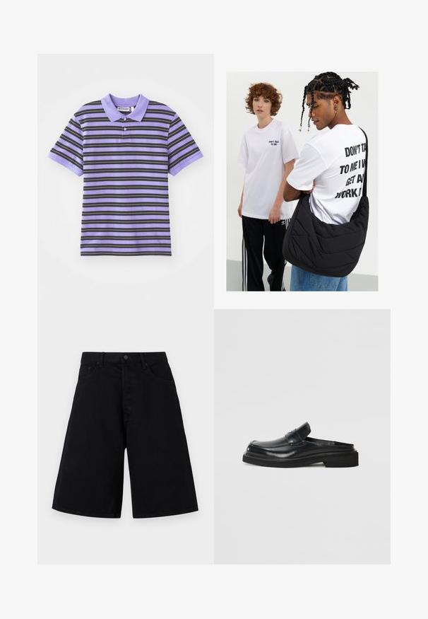 Lila, rövid ujjú pólóing fekete vízszintes csíkokkal, gallérral, két gombos záródással és puha szövettextúrával.; Fekete farmer rövidnadrág laza szabással, klasszikus öt zsebes dizájnnal és gombos zárással, sima textúrával és egyenes szárú fazonnal.; Fekete bőr slip-on cipő kerek orral, kiemelkedő elülső résszel és vastag gumitalppal. Simább textúra minimális díszítéssel.; Fekete steppelt válltáska puha textúrával, egy fehér grafikás pólót viselő személyen, amely bátor szöveget tartalmaz. Lazán öltözködik farmernadrágban.