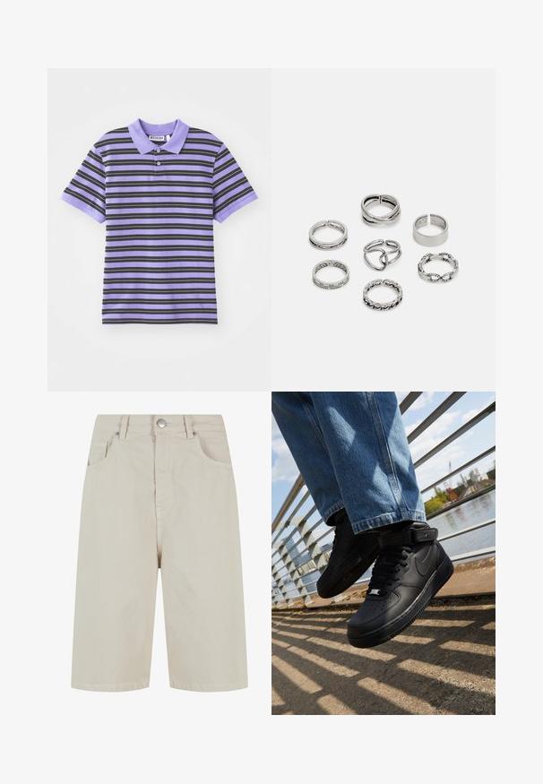 Lilla kortærmet polo skjorte med sorte vandrette striber, der har krave, to-knaps placket og blød stoftekstur.; Beige denim shorts med lige snit, en frontknaplukning og fire lommer. Stof har en glat tekstur og minimal sømdetail.; Sorte Nike Air Force 1 sneakers med læderoverdel, mesh-tunge og gummisål, der har et høj-top design og tykke snørebånd.; Sæt af syv sølvringe med forskellige designs, herunder snoede, sammenkoblede og graverede mønstre. Forskellige former og bredder.
