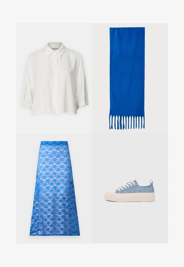 Hvid kortærmet bluse med krave, knaplukning foran og en afslappet pasform, fremstillet af et let og glat stof.; Blå blonde maxi nederdel med en transparent struktur, der har et blomstermønster og en ensfarvet blå talje. Flyder blidt fra hofterne til kanten.; Lyseblå lærredssneakers med en cremefarvet gummitåhætte og sål, udstyret med hvide snørebånd og en træksløjfe på hælen.; Blå frynset tørklæde lavet af blødt stof; har en ensfarvet overflade med tekstur og jævnt klippede frynser i bunden.