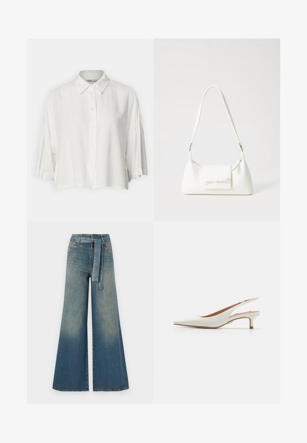 Valge lühikeste varrukatega pluus, millel on kaelusekujuline kaelus, nööbid ees ja mugav lõige, valmistatud kergest ja siledast kangast.; Laiad denimpüksid, millel on hele tume sinine gradiendiefekt, kõrge vöökoht, vöökumlid ja sobivast kangast vöö. Struktureeritud denimi viimistlus.; Steve Madden KARI - Klassikalised kontsakingad - white; Valge sünteetilisest materjalist kott kolmnurkse kujuga, lame esiklapiga ja kaaredetailiga, reguleeritava rihmaga, sileda tekstuuriga ja minimalistliku disainiga.