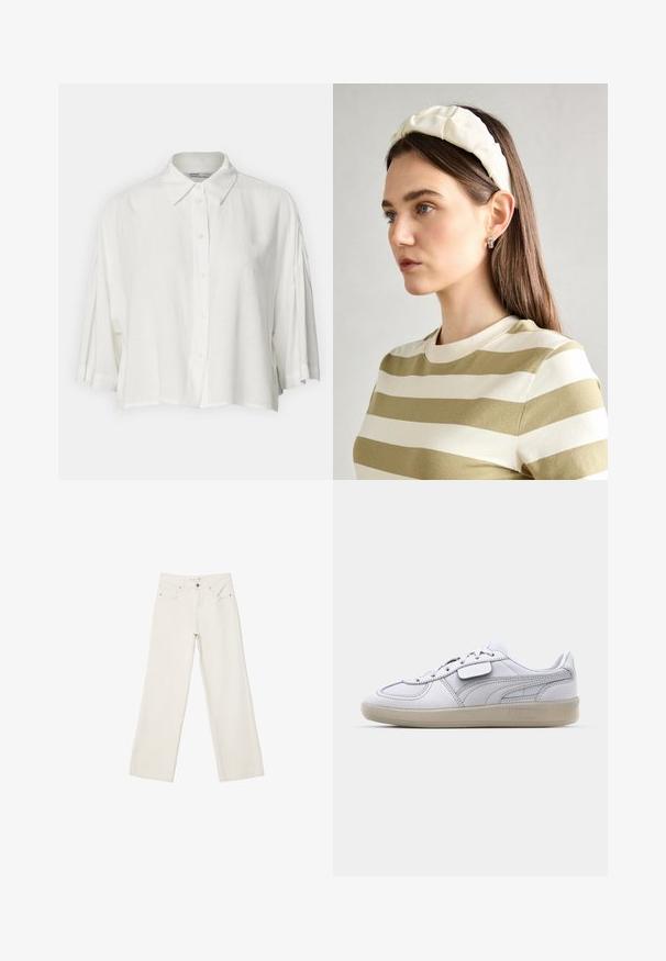 Bílá halenka s krátkým rukávem, límečkem, zapínáním na knoflíky a volnějším střihem, vyrobená z lehkého a hladkého materiálu.; Bílé široké džíny vyrobené z denimové látky, s vysokým pasem, předními kapsami a knoflíkovým zapínáním. Čistý design s minimálními akcenty.; Bílé kožené tenisky se šedými akcenty, zavazování na tkaničky a texturovanou gumovou podrážkou. Obsahují výrazné logo na boku.; Krémová polstrovaná čelenka s twist designem, doplněná béžovým a bílým pruhovaným tričkem s kulatým výstřihem. Jemné šperky.