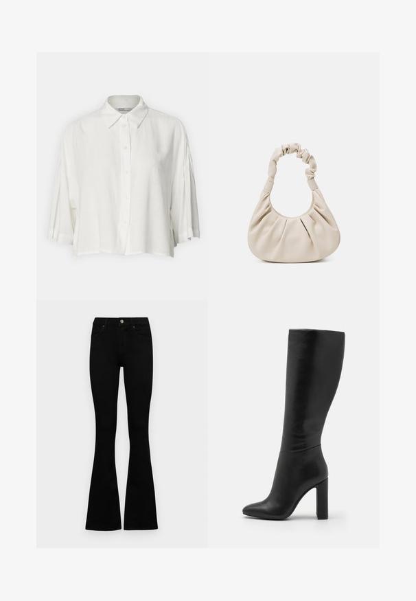 Blusa bianca a maniche corte con colletto, chiusura frontale con bottoni e vestibilità comoda, realizzata in un tessuto leggero e liscio.; Jeans neri a vita alta con chiusura a bottoni e zip, tasche frontali e gambali svasati, distesi su uno sfondo bianco.; Stivale in pelle nera al ginocchio con punta affusolata e tacco alto a blocco. Texture liscia con design minimalista e senza hardware visibile.; Borsa a mano in ecopelle beige con manico arricciato, corpo plissettato e texture morbida. Forma compatta e arrotondata, progettata per essere portata a mano o sotto il braccio.