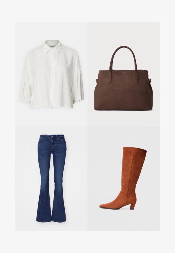 Fehér, rövid ujjú blúz, galléros nyakkal, gombokkal elöl, laza szabású, könnyű, sima anyagból készült.; Sötétkék, bővülő farmernadrág, pamut denimből készült. Fittelhető derékkal, öt zsebes kialakítással és diszkrét varrási részletekkel rendelkezik.; Barna velúr, térd fölé érő csizma, hegyes orral és kis kocka sarkával, sima textúrával és minimalista dizájnnal.; Barna műsuede bevásárlótáska, két erős fogantyúval, strukturált formával és minimalista dizájnnal, finom varrási díszítéssel.