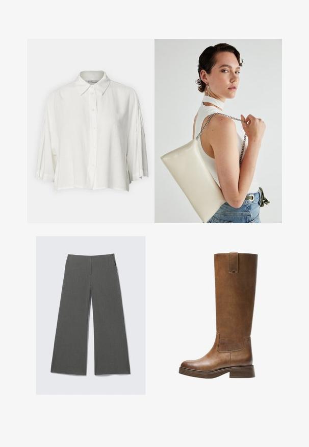 Bela bluzica kratkih rukava s ovratnikom, prednjim zatvaranjem na gumbe i opuštenim krojem, izrađena od lagane, glatke tkanine.; Sive široke hlače s subtilnim prugastim vzorcem, ki imajo dva stranska žepa in gladek dizajn pasu.; Bralne usnjene škornje do kolen z zaobljenim nosom, teksturirano površino in nizkim platiščem. Imajo stranski panel in zanko za poteg na vrhu.; Bela pravokotna torbica za ključe iz sijajnega materiala, opremljena s srebrno verižico. Model pozira in prikazuje torbico na enobarvni podlagi.