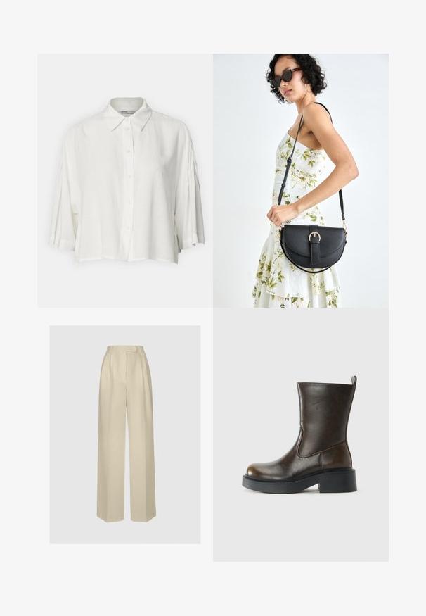 Bluză albă cu mânecă scurtă, guler la gât, închidere cu nasturi pe față și o croială lejeră, confecționată dintr-un material ușor și neted.; ANDIATA GYTTA - Pantaloni - champagne; Cizme din piele, de culoare maro închis, până la jumătatea gambei, cu vârful rotunjit, talpă groasă neagră, toc mic și bandă de prindere la spate.; Geantă din piele neagră, cu o formă curbată, curea detașabilă și accesorii aurii. Geanta are un capac cu un detaliu tip cataramă.