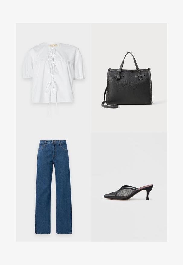Λευκή βαμβακερή μπλούζα με κοντά φουσκωτά μανίκια, στρογγυλή λαιμόκοψη και λεπτομέρεια με κόμπο μπροστά. Διαθέτει ραφές με πτυχές για χαλαρή εφαρμογή.; Μπλε ψηλόμεσες φαρδιές τζιν παντελόνα με μπροστινές και πίσω τσέπες, κλείσιμο με κουμπί και εμφανή ραφή σε λευκό φόντο.; Μαύρο διχτυωτό μανικακι με αιχμηρή μύτη, λεπτές λωρίδες και τακούνι στιλέτο 3 ιντσών. Διαθέτει διάφανη υφή και σταθερή τονική σόλα.; Μαύρη δερμάτινη τσάντα χειρός με υφή, ορθογώνιο σχήμα, δύο χερούλια στην κορυφή και αποσπώμενη θήκη ώμου. Λεπτομέρειες αντίθεσης στη ραφή.