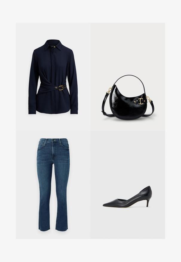 Tumši zila garroku krekls ar apkakli, priekšpusē tinuma dizains un melns jostasiksna ar zelta sprādzi un kniedes akcentiem. Mīksts auduma tekstūra.; Tumši zili džinsus ar vidēju jostas augstumu, šauru piegriezumu un paplatinātu apakšmalu ar smalku šuvju detaļu.; Melna ādas kurpe ar smailu purngalu un zemu papēdi. Raksturota ar gludu tekstūru un smalku spīdumu. Priekša ar atvērtu izgriezumu papildu detaļai.; Melnas patenta ādas rokassomas ar izliekta formu, regulējamu siksnu un zelta krāsā metāla detaļām sānos. Gluda, mirdzoša tekstūra.