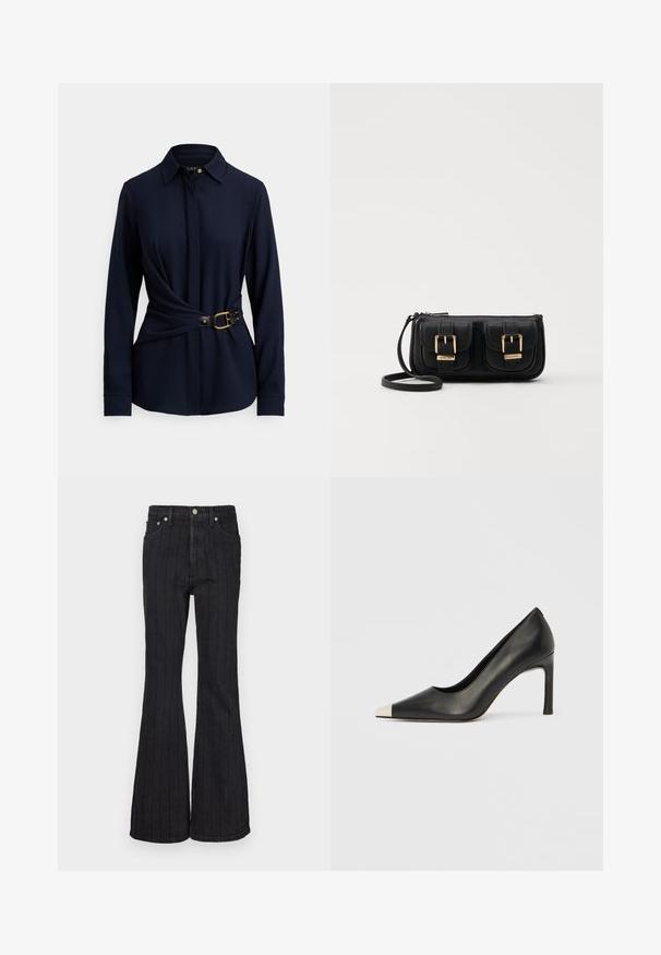 Laivastonsininen pitkähihainen paita, jossa on kauluksellinen pääntie, kierretty etumalli ja musta vyö, jossa on kultainen solki ja niittikoristeet. Pehmeä kangaspinta.; Mustat farkkutinyt, joissa on pystysuorat valkoiset raidat, viisi taskua, korkea vyötärö ja metallinen nappisulku.; Musta nahkainen korkokenkä, jossa on kärkiosa ja metallinen hopeanvärinen kärki. Kenkä on sileäpintainen ja siinä on kapea 10 cm korko.; Musta nahkainen olkalaukku, jossa on kaksi etutaskua, kultaiset soljet, vetoketjukiinnitys ja kapea hihna. Teksturoidun pinnan ja kompaktin suorakaiteen muoto.