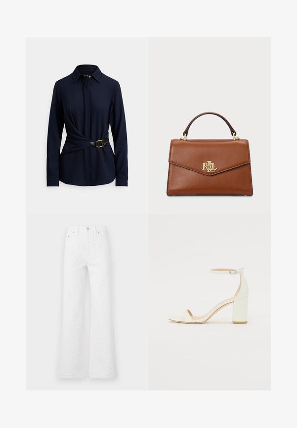 Tmavě modrá košile s dlouhým rukávem, límečkem, zahnutým předním dílem a černým páskem se zlatou sponou a cvočky. Měkká textura látky.; Bílé rozšířené džíny z texturované látky s černými tečkami. Design s pěti kapsami a uzavíráním na předním tlačítku a zip.; Bílé kožené sandály na blokovém podpatku s ankle strapem a přezkou, minimalistický design. Otevřená špička a hladké textura po celém povrchu.; Hnědá kožená kabelka se strukturovaným designem, horním uchopovacím madlem, zlatými kovovými prvky a akcentem loga na přední straně. Hladká textura.