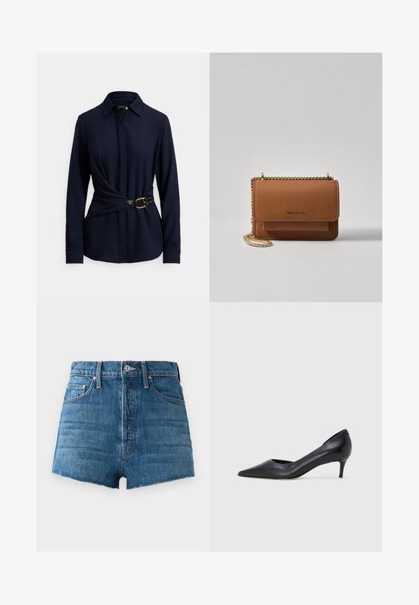 Navy long-sleeve shirt with a collared neck, twisted front design, and a black belt featuring a gold buckle and stud accents. Soft fabric texture.; Blue denim high-waist shorts with front button, belt loops, five-pocket design, and raw-cut hem detailing on a plain background.; Black leather pump with a pointed toe and low heel. Features a smooth texture and subtle sheen. Open cut at the front for added detail.; Brown textured leather crossbody bag with gold chain strap and flap closure. Front features logo detail and a pocket under the flap.