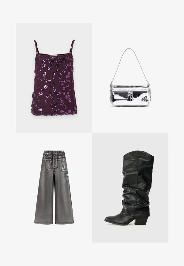 Top camisole viola con spalline regolabili, ricoperto di paillettes viola lucide disposte a motivi floreali. Tessuto dalla texture liscia.; Pantaloni in denim grigi con gamba larga, caratterizzati da una texture lucida, tasche frontali e una grafica decorativa a farfalla sul lato. Presentano dettagli strappati.; Stivali neri in pelle, alti fino al ginocchio, con design morbido, punta affusolata e tacco spesso, caratterizzati da una texture liscia e cuciture minime.; Borsa a spalla argentata metallizzata con due tasche frontali, texture liscia, dettagli in cucitura e una sola tracolla removibile. Forma rettangolare compatta.