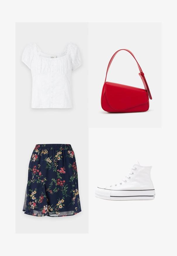 Fehér blúz négyzet alakú nyakkivágással, rugalmas puffujjakkal és gombos záródással. Virágmintás hímzés díszíti és testhezálló szabása van.; Virágmintás szoknya, elasztikus derékkal, sötétkék alapon piros, sárga és zöld virágmintákkal díszítve. Könnyű anyag.; Fehér magaskorsó vászon sportcipő fekete gumi talppal, elülső gumi orrnyereggel és hat fűzőlyukkal, letisztult, minimalista dizájnnal.; Piros bőr kézitáska szögletes, geometrikus kialakítással. Egy állítható pánttal és varrott részletekkel ellátott fedélzárral rendelkezik.; Arany színű szív charm karkötő három függő szívvel, melyekből kettőt kristályok díszítenek. Kapcsolódó lánc kialakítás, erős zárással.