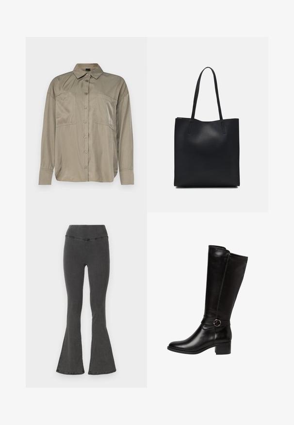 Aliejinės žalios spalvos, ilgomis rankovėmis marškiniai, pagaminti iš lygaus, lengvo audinio. Yra mygtukų priekyje, šaunus apykaklė ir dvi krūtinės kišenės.; Plačiai plačios juodos džinsinės kelnės su plačiu liemeniu, pasižyminčios lygia tekstūra ir siuvinėtomis detalėmis palei siūles.; Juodas odinis iki kelių botas su apvaliu nosimi, dekoratyviu dirželiu su apskritu užsegimu ir žemu bloku kulnu. Lygi, blizganti tekstūra.; Juodas odinis tote krepšys su lygia tekstūra, stačiakampio formos ir dviem ilgais rankenomis. Matomų metalinių detalių ar puošybos nėra.