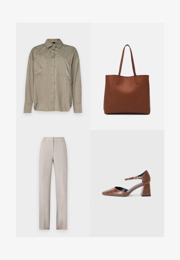 Oliņzaļš, garām piedurknēm krekls gludā, vieglā audumā. Tam ir pogu priekšpuse, norādīta apkakle un divas krūšu kabatas.; Gai bēšu pielāgoti bikses ar taisnu kāju dizainu. Izgatavotas no teksturēta auduma, ar plakanu priekšpusi un jostu cilpām.; Brūni lakoti ādas apavi ar kvadrātu formas purngalu, ar teksturētu krokodila rakstu, ar potītes siksniņu un zelta sprādzi, un apaļīgu papēdi.; Brūna ādas iepirkumu soma ar gludu tekstūru, atvērta augšdaļa un divas plecu siksnas. Izceļas ar minimālām šuvēm un redzamu aparatūru nav.