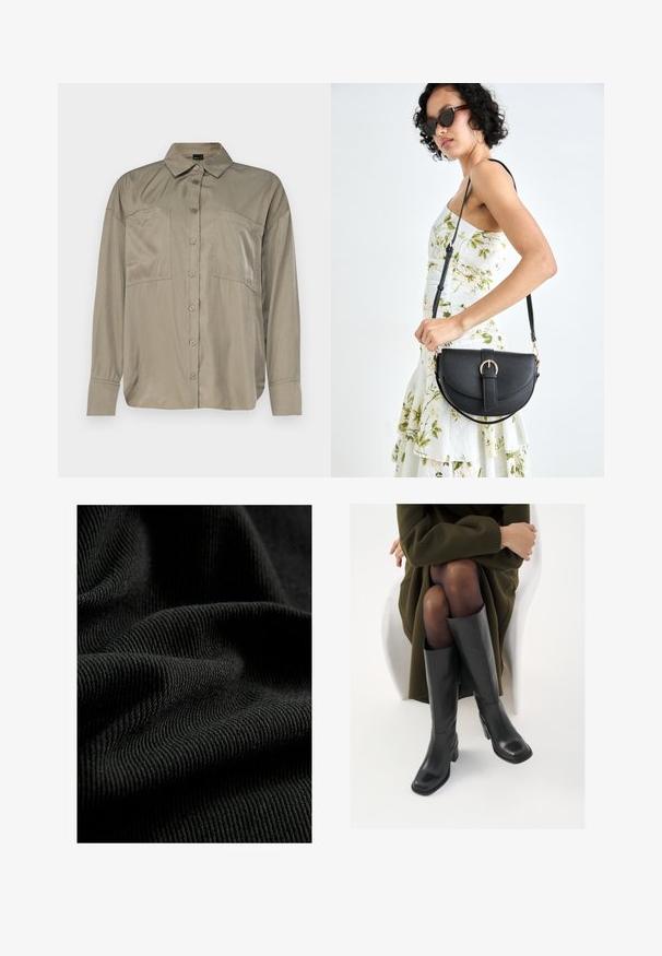 Maslinasto zelena, košulja dugih rukava od glatkog, laganog materijala. Ima prednje dugmad, iskošeni ovratnik i dva džepa na grudima.; Crna rebrasta tkanina s teksturiranom površinom, ističući suptilne nabore i obline. Materijal izgleda lagano i fleksibilno.; Čizme od crne kože do koljena sa četvrtastim vrhom i blok petom, prikazane s manekenkom koja sjedi u maslinasto zelenom kaputu. Glatka tekstura, minimalni detalji.; Crna kožna torba s lukovitim oblikom, odvojivim remenom i zlatnim detaljima. Torba ima preklop s kopčom.