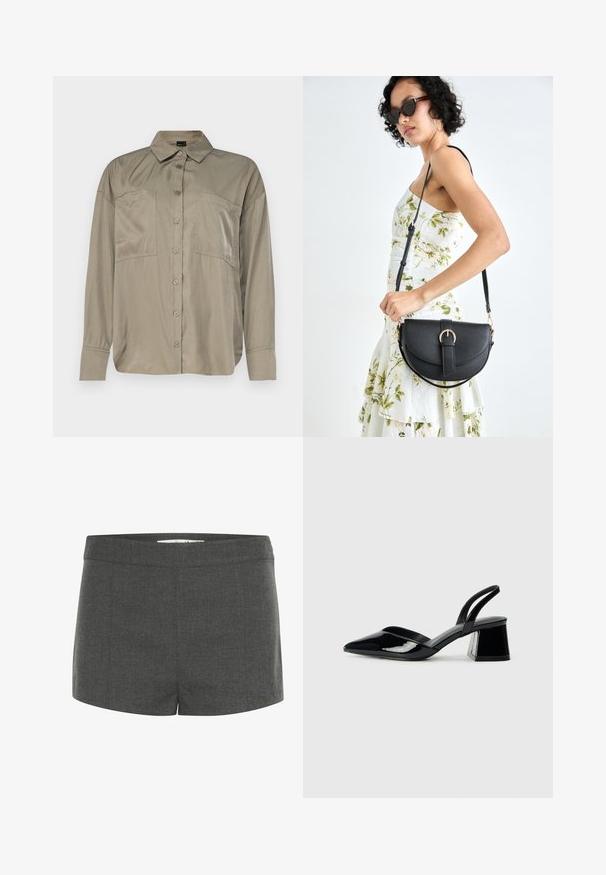 Olivgrön långärmad skjorta i ett mjukt, lätt tyg. Har knäppning framtill, spetsig krage och två bröstfickor.; Grå skräddarsydda shorts, tillverkade av strukturerad tyg, med en platt midja och rak skärning, utan fickor eller utsmyckningar.; Svarta lackläder slingback klackar med spetsig tå och geometrisk klack. Har en elegant, minimalistisk design och slät yta.; Svart läderhandväska med en böjd form, avtagbar rem och guldiga detaljer. Väskan har ett lock med en spänndetalj.