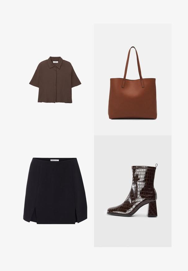 Bruine, kortmatige button-up shirt met een kraag. Gemaakt van lichtgewicht stof, met een ontspannen pasvorm en subtiele textuur. Geen zichtbare patronen.; Zwarte a-lijn rok met een gladde textuur, voorzien van zijsplitten en een strakke, minimalistische uitstraling. Etiket zichtbaar bij de tailleband.; Donkerbruin gepatineerd leren enkelboot met krokodillenstructuur, blokhak en trekband aan de achterkant, tegen een witte achtergrond.; Bruine leren tote bag met een gladde textuur, een ontwerp met een open bovenkant en twee schouderbanden. Kenmerkt zich door minimale stiksels en geen zichtbare hardware.