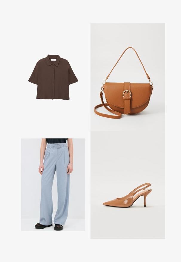 Bruine, kortmatige button-up shirt met een kraag. Gemaakt van lichtgewicht stof, met een ontspannen pasvorm en subtiele textuur. Geen zichtbare patronen.; Lichtblauwe wijde broek met een ceintuur, gemaakt van een gestructureerde stof. Heeft rechte plooien en een relaxte pasvorm.; Puntige slingback hak in een glad, glanzend beige materiaal. Bevat een gebogen uitsnijdontwerp en een slanke stiletto hak. Zilveren gesp detail.; Bruine leren schoudertas met een gebogen vorm, gouden hardware en een gespaccent. Bevat een afneembare schouderriem.