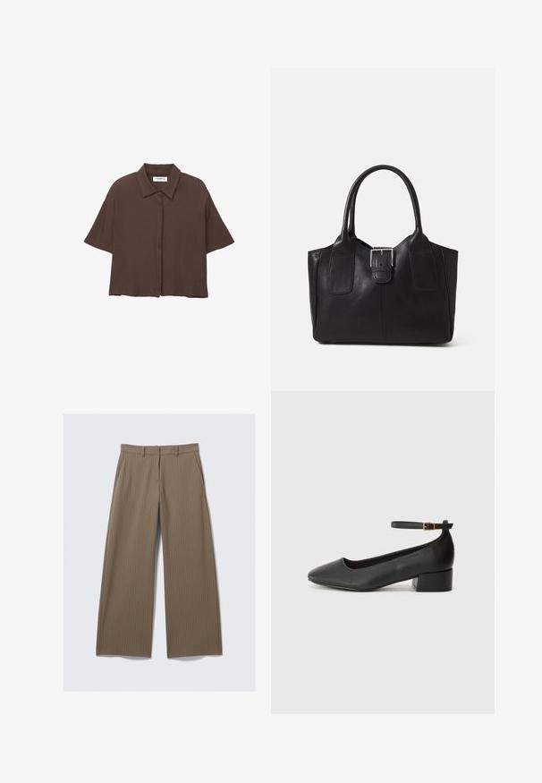 Camicetta marrone a maniche corte con colletto e bottoni. Realizzata in tessuto leggero, presenta una vestibilità rilassata e una sottile texture. Nessun motivo visibile.; Pantaloni larghi a righe marroni con una texture liscia e un design classico, dotati di una vita e pieghe frontali per una vestibilità su misura.; Pump in pelle nera con punta affusolata e tacco basso a blocco. Presenta una cinghia alla caviglia con una fibbia in tonalità oro. Texture liscia.; Borsa tote in pelle nera con texture liscia, forma strutturata, due manici e un evidente dettaglio in fibbia argentata sul davanti.